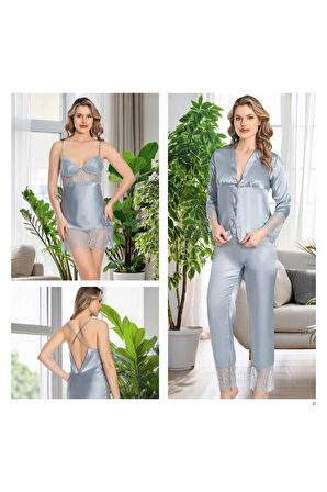 Saten 6'lı Pijama & Gecelik & Sabahlık & Şort & Büstiyer Hediyelik Çeyizlik Set L1.JJ.0042.0A.12.01
