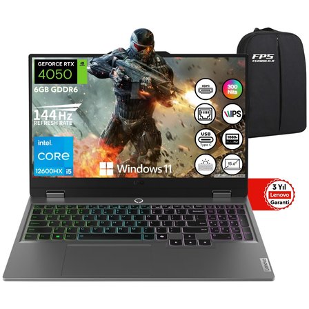 Loq 15IAX9 I5-12600HX RTX4050 105W 24GB Ram 512GB SSD 15.6" Fhd IPS 144Hz W11 83GS00L7TR Taşınabilir Bilgisayar