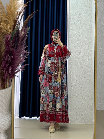 Bergamo Etnik Desen Elbise-PE606 Bordo