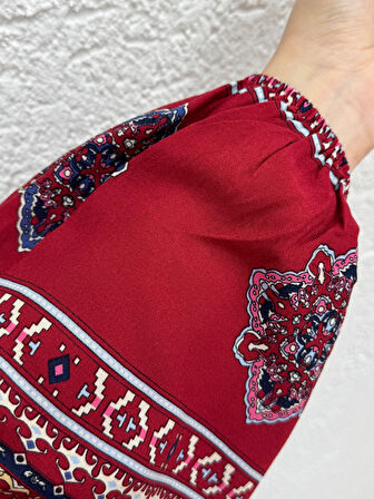 Bergamo Etnik Desen Elbise-PE606 Bordo