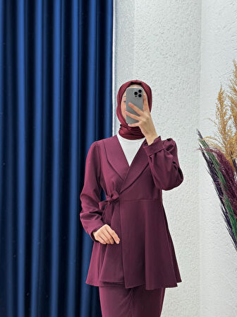 Bellinzona Kuşak Detaylı Ceketli Takım-AS00466 Bordo