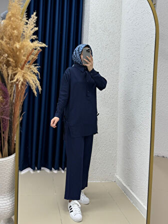 Glarus Yanları İpli Düğmeli Kırışık Çilek Takım-MF458 Lacivert