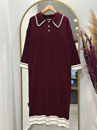 Alisa Bebe Yaka Üç Düğmeli Triko Elbise-KR3184 Bordo