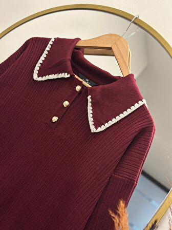 Alisa Bebe Yaka Üç Düğmeli Triko Elbise-KR3184 Bordo