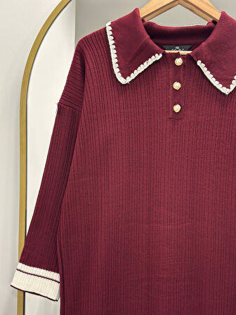 Alisa Bebe Yaka Üç Düğmeli Triko Elbise-KR3184 Bordo