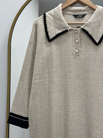 Alisa Bebe Yaka Üç Düğmeli Triko Elbise-KR3184 Taş