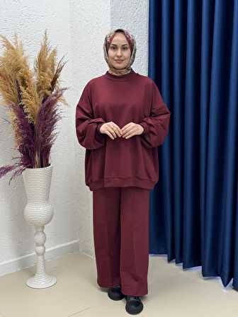 Dilşah Bol Sweat İki İplik Pantolonlu Takım-NL222 Bordo