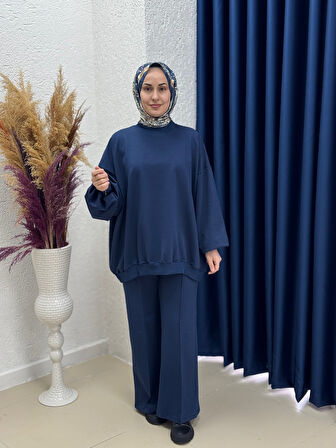 Dilşah Bol Sweat İki İplik Pantolonlu Takım-NL222 İndigo