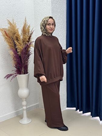 Dilşah Bol Sweat İki İplik Pantolonlu Takım-NL222 Kahve