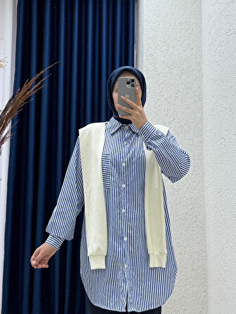 Gizem Yaka Bağlamalı Çizgili Gömlek-MF455 Ekru