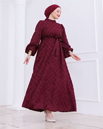 İmran İşlemeli Ve Simli Kuşaklı Elbise-PA9564 Bordo