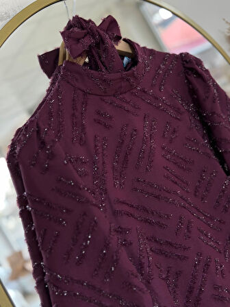 İmran İşlemeli Ve Simli Kuşaklı Elbise-PA9564 Bordo
