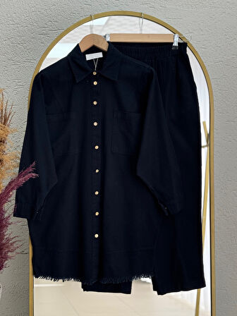 Sema Gömleği Püsküllü Pantolonlu Gabardin Takım-AY8579 Lacivert