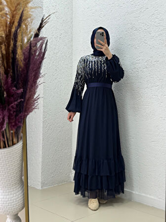 Nazenin Altı Fırfırlı Üstü Taşlı Abaya-GE752 Lacivert