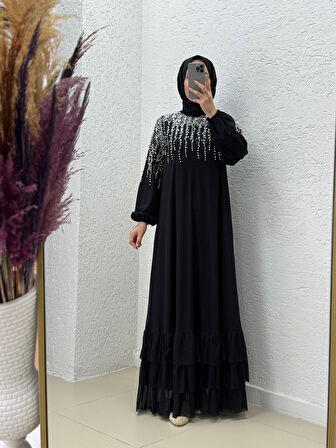 Nazenin Altı Fırfırlı Üstü Taşlı Abaya-GE752 Siyah