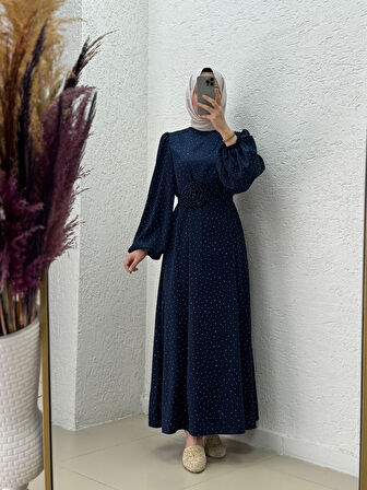 Nevin Taşlı Güllü Saten Elbise-BN4346 Lacivert