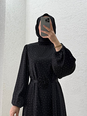 Nevin Taşlı Güllü Saten Elbise-BN4346 Siyah