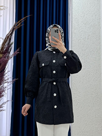 Rosa Kabartma Çiçek Desenli Ceket-EU2306 Siyah