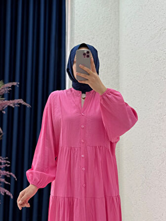 Çilek Salaş 6 Düğmeli Elbise-NA2350 Pembe
