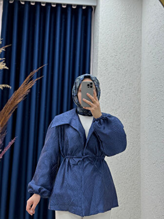 Berin Jakarlı Bağlamalı Kabartma Ceket-BN4147 Lacivert