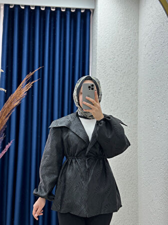 Berin Jakarlı Bağlamalı Kabartma Ceket-BN4147 Siyah