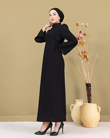 Ebru Bağcıklı Krep Elbise-PA9598 Siyah