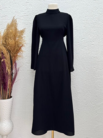 Ebru Bağcıklı Krep Elbise-PA9598 Siyah