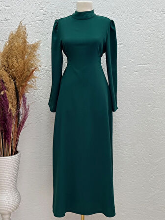 Ebru Bağcıklı Krep Elbise-PA9598 Zümrüt Yeşili
