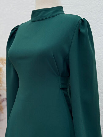 Ebru Bağcıklı Krep Elbise-PA9598 Zümrüt Yeşili