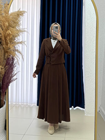 Ela Ceketi Yandan Bağlamalı İnterlok Etekli Takım-EK-Z-227 Kahve