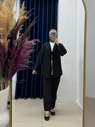 Emine Çift Bağcıklı Pantolonlu Takım-TN013 Siyah