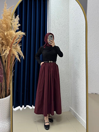 Erna Kemerli Poplin Etek-BN4362 Bordo