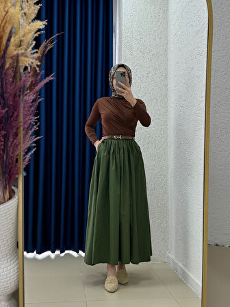 Erna Kemerli Poplin Etek-BN4362 Haki