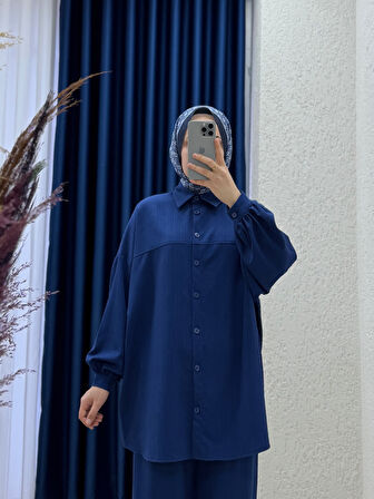 Behin Gömlek Önü Pervazlı Biyelii Dubai Pantolonlu Takım-EK-Z-480 Lacivert