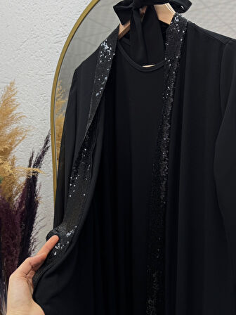 Tuğba Krep Pul Payet Abaya-PA9569 Siyah