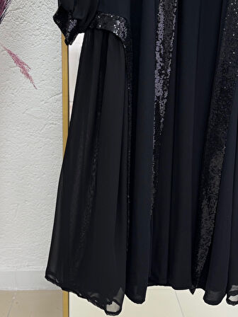 Tuğba Krep Pul Payet Abaya-PA9569 Siyah