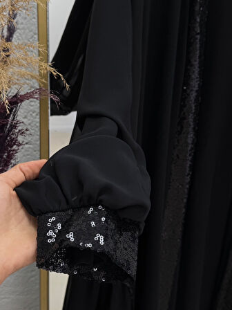Tuğba Krep Pul Payet Abaya-PA9569 Siyah