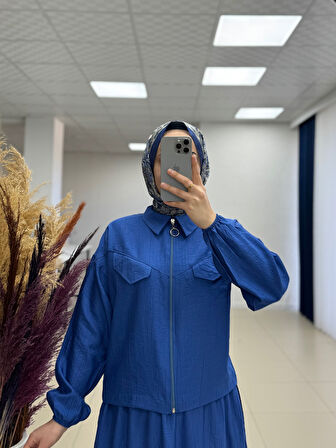 Sofya Çilek Fermuarlı Etekli Cepli Takım-NA3390 Saks