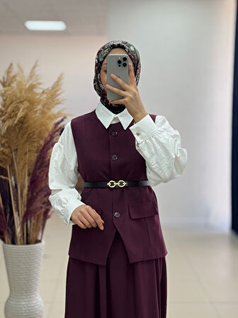 Zenetta Kemeri Zincir Detaylı Astarlı Yelekli İkili Takım-ÜN3000 Bordo