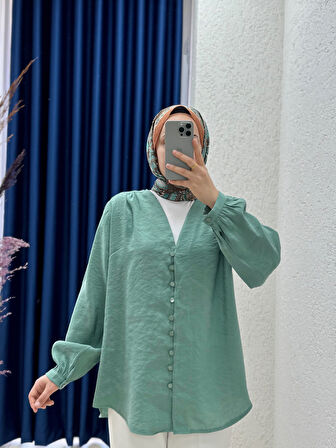 Zaryla V Yaka Boydan Düğmeli Pes Modal Gömlek-NL361 Mint