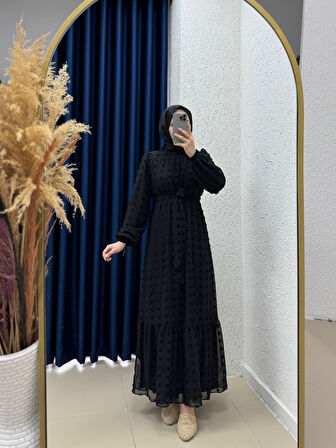 Yelola Ponpon Desen Astarlı Şifon Abiye-PA9511 Siyah