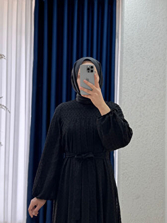 Yelmora Kesme Şifon Boydan Astarlı Hakim Yaka Elbise-PA9425 Siyah