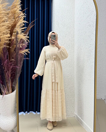 Yelmora Kesme Şifon Boydan Astarlı Hakim Yaka Elbise-PA9425 Taş