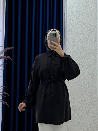 Yelilia Bağcıklı Robalı Modal Gömlek-PE223 Siyah