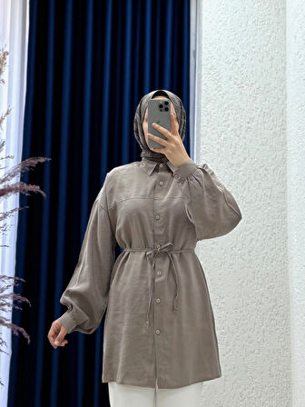 Yelilia Bağcıklı Robalı Modal Gömlek-PE223 Vizon