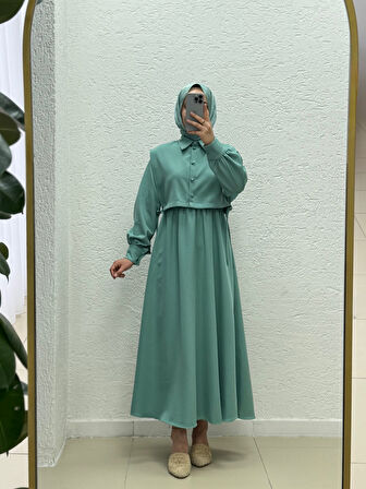 Vinoria Beli Lastikli Yeleği Düğmeli Dabıl Elbise-KN9899 Mint