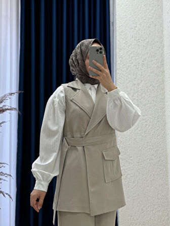 Veloria Tek Cepli Yandan Bağlamalı Yelekli Takım-ML3043 Taş