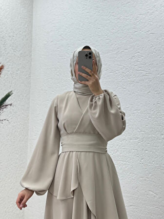 Tirona Etek Detaylı Krep Elbise-PA9646 Taş
