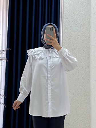 Tirelle Yakası Fırfır Detaylı Gömlek-EU2918 Beyaz
