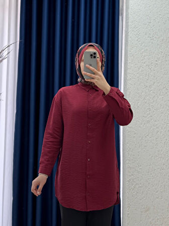 Sorique Önü Kısa Arkası Uzun Düz Çilek Gömlek-Zİ2137 Bordo